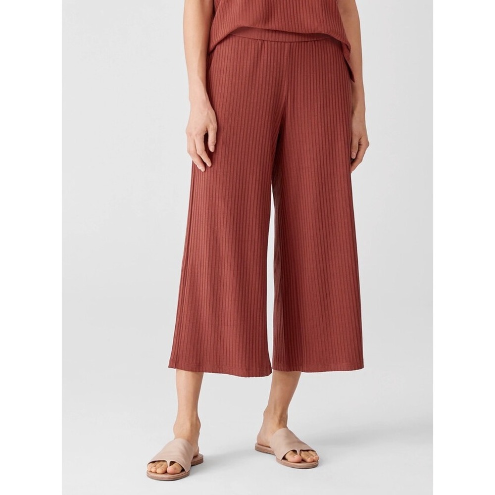 Eileen Fisher Pants Textured Cropped Stretch Rib Wide Leg Pull On Brown XL